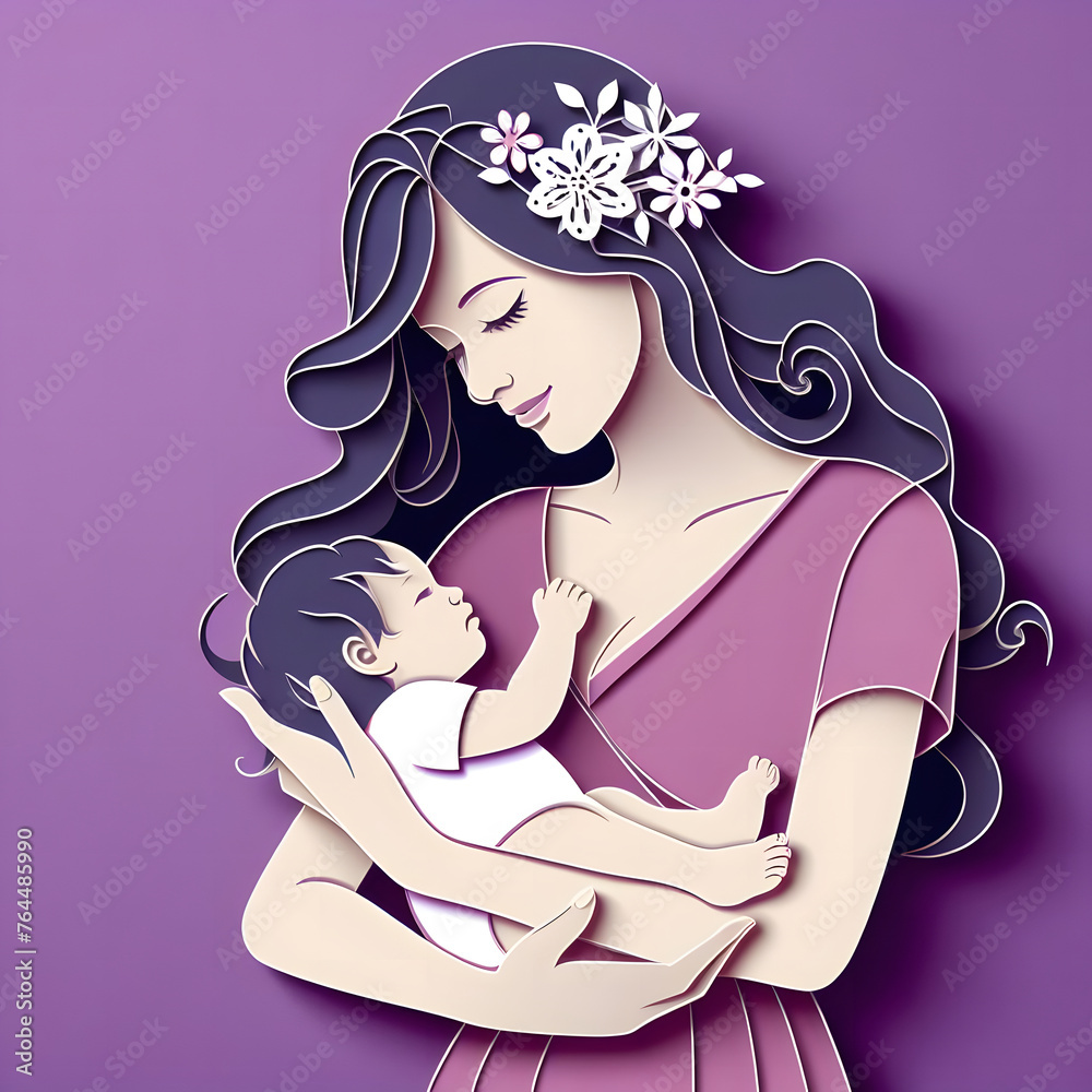 Mother with baby, paper cut illustration, isolated on purple background, Mother's Day, Mother Love Child
Mother with baby, paper cut illustration, isolated on purple background, Mother's Day, Mother Love Child