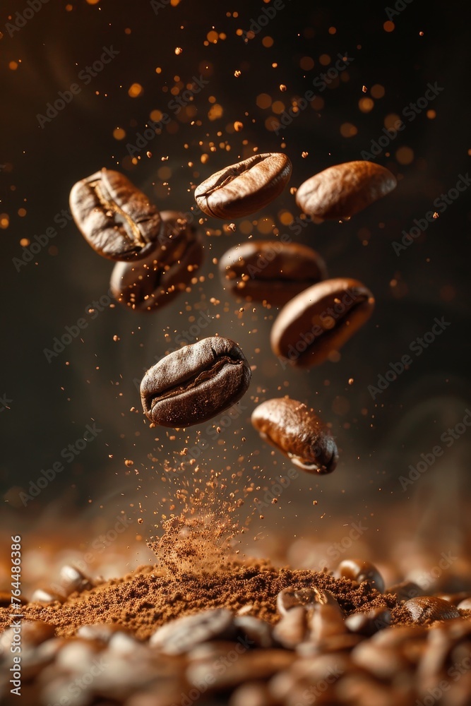 Flying coffee beans over dark,falling down fresh coffee beans Flying coffee beans over dark,falling down fresh coffee beans