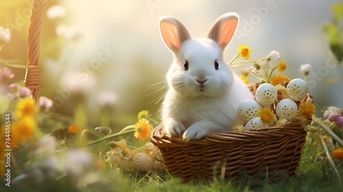 easter bunny with basket a cute rabit with his egg EasterSunday bunnyhop with suny background © Safia