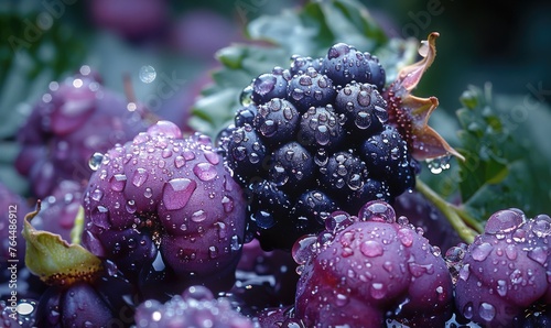 Close-up of ripe blackberries glistening with water droplets, highlighting their freshness and natural beauty.