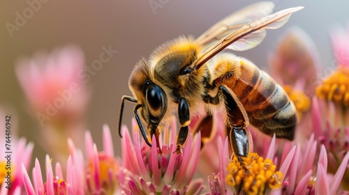 A honeybee is deeply immersed in collecting pollen from vibrant pink blossoms, a crucial act for both agriculture and natural ecosystems.