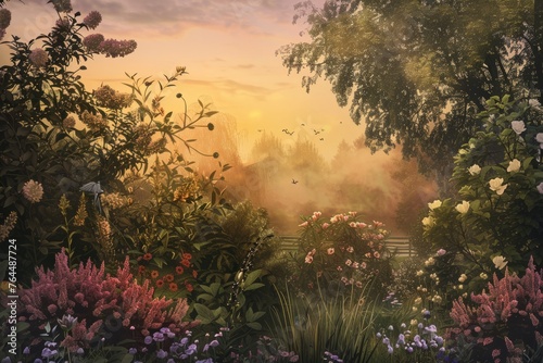 An idyllic wallpaper design capturing the golden hour in a tranquil garden setting, with blooming flowers, lush foliage, Generative AI