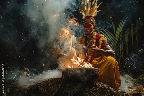 A man wearing a headdress sits by a fire, surrounded by flames