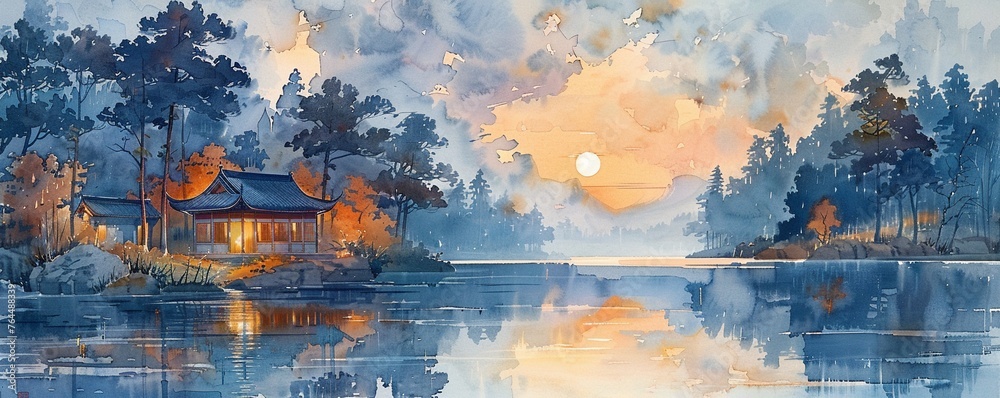Fototapeta premium Chinese huts along the river, a serene watercolor