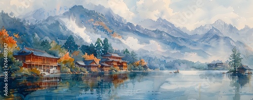 Chinese huts along the river, a serene watercolor