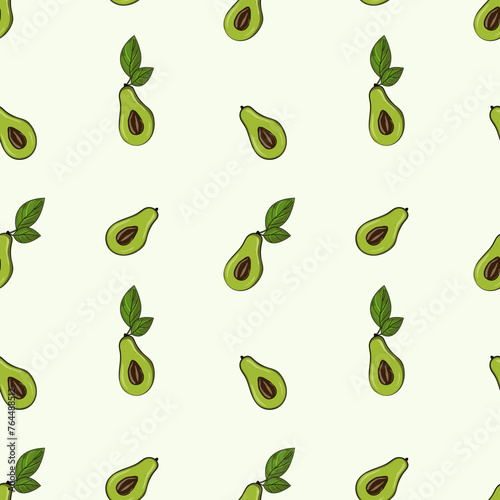 Ripe, juicy avocado cut with leaves, seamless geometric pattern, vector.Hand drawn in doodle style.Design for printing on fabrics, holiday and confectionery packaging, wallpaper, wrapping and scrap