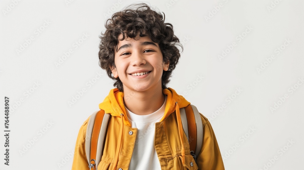 Create an image featuring a young, happy student with a backpack against a white background. Create an image featuring a young, happy student with a backpack against a white background.
