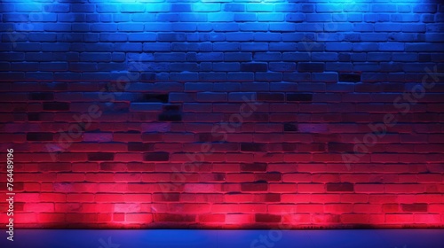 Neon light on brick walls that are not plastered background and texture. Lighting effect red and blue neon background