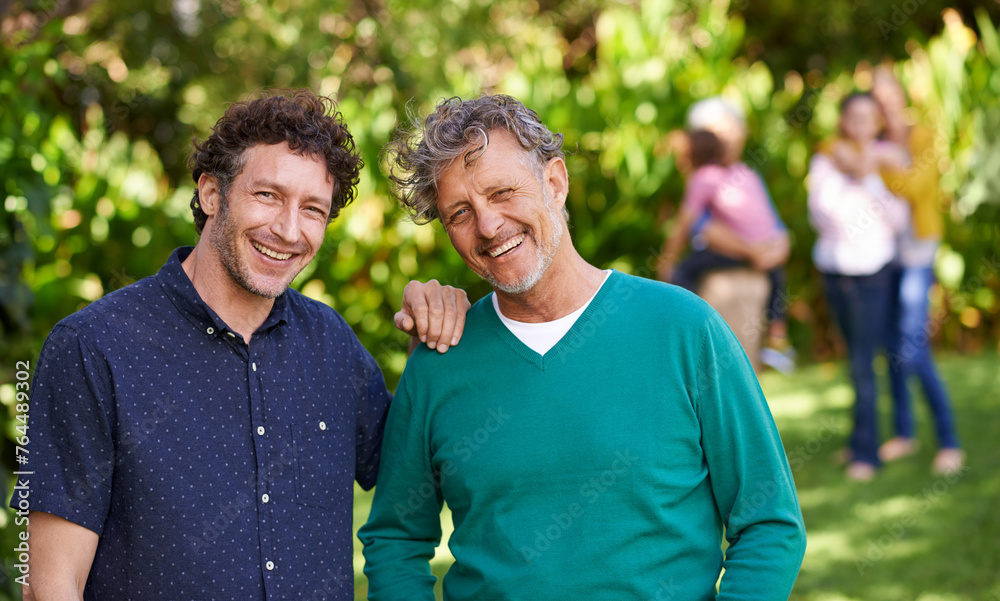 Laugh, dad and portrait with man for bonding, affection and love to relax in garden, backyard and nature. Male people, family and men with smile, happiness or together outdoor in Ukraine by relatives Laugh, dad and portrait with man for bonding, affection and love to relax in garden, backyard and nature. Male people, family and men with smile, happiness or together outdoor in Ukraine by relatives