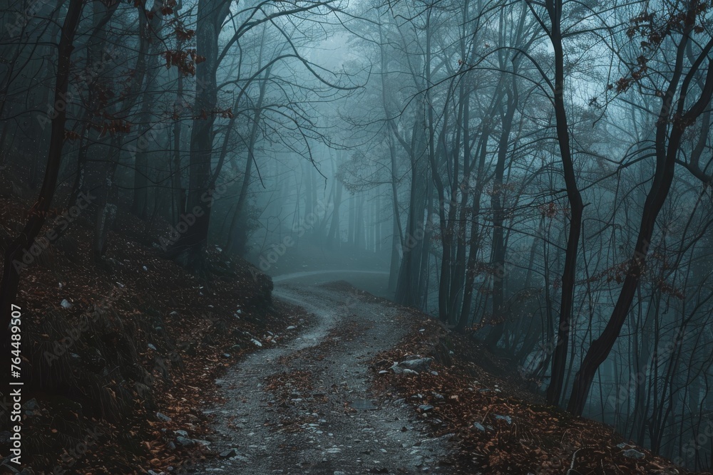Obraz premium Misty forest path in autumn, with a mysterious ambiance and leaves covering the ground, invoking a sense of solitude.