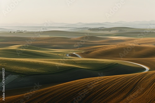 Rolling farmland with beautiful undulating fields, gentle curves creating a tranquil rural scene.