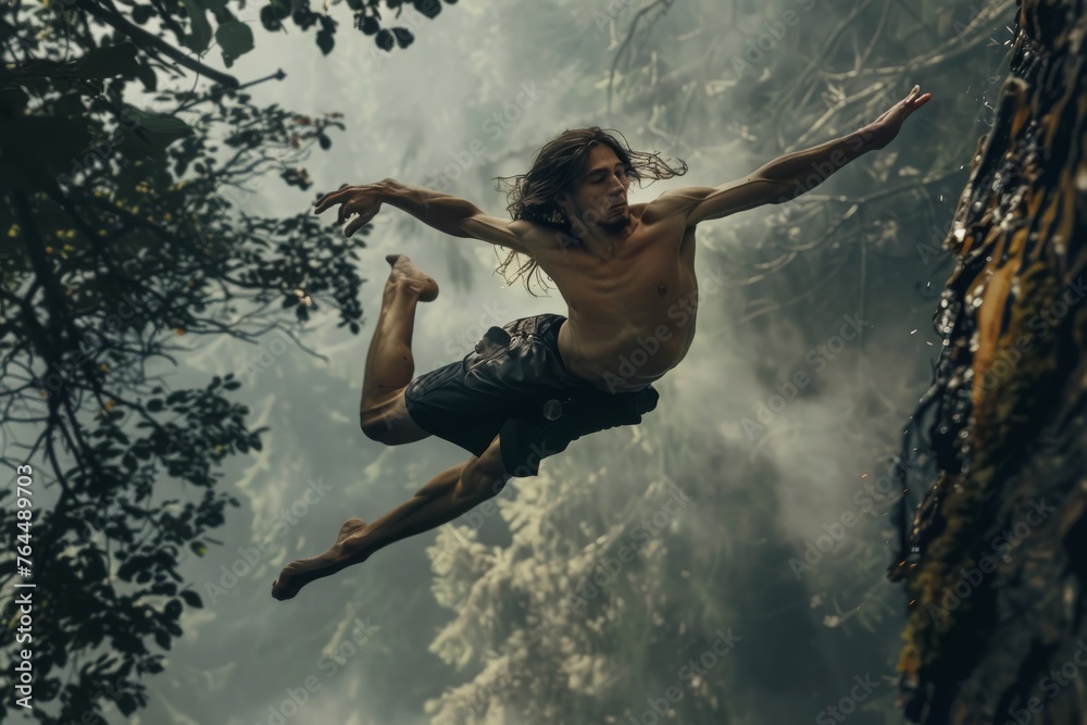 custom made wallpaper toronto digitalMan in freefall against a serene sky reflects the ultimate thrill of cliff diving into a tranquil lake, juxtaposing adventure with nature.