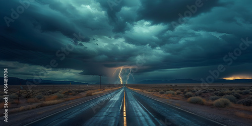 Deserted desert highway amidst Heading towards the stormy tornado, driving on a road with lightning and fields of crops  in the background, Dramatic storm clouds loom over an endless highway photo