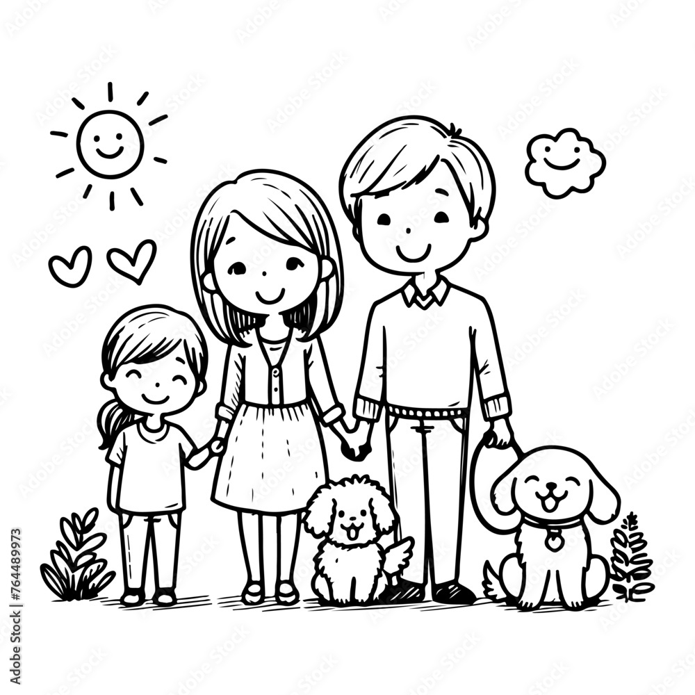 drawing happy family with dog cartoon character doodle vector illustration on white background drawing happy family with dog cartoon character doodle vector illustration on white background