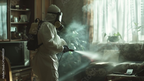 Depict a faceless pest control worker, clad in a protective suit, methodically spraying insect poison in a living room 