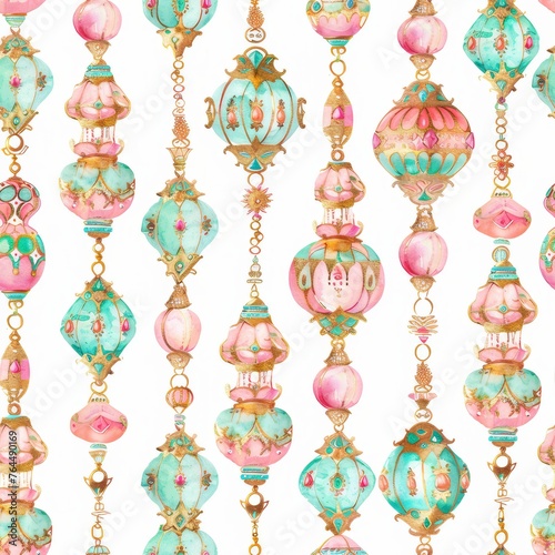 Watercolor pattern with Moroccan lanterns on a white background