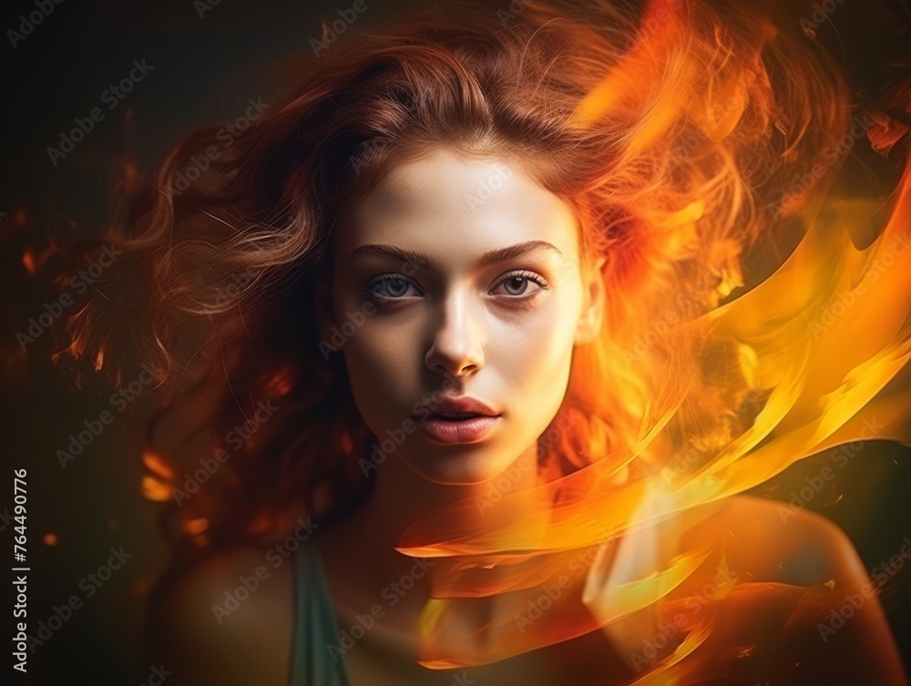 Woman stands defiantly against flames.