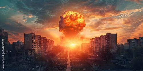 Destruction of a city after a nuclear explosion environmental disaster concept. Concept Nuclear Explosion, Environmental Disaster, City Destruction, Post-Apocalyptic, Survival Strategies photo