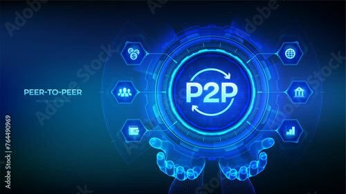 Peer to peer icon in wireframe hands. P2P payment and online model for support or transfer money. Peer-To-Peer technology concept on virtual screen. Vector illustration.