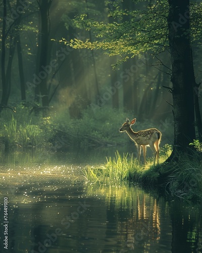 Deer by river, soft sunlight filtering through, spring ambiance ultra HD, © Oranuch