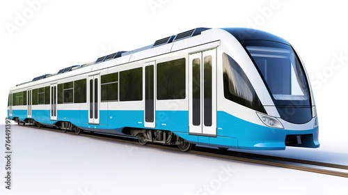 3d Blue and white train travelling down train tracks