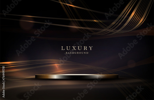 Illustration with podium, shiny tinsel and golden wave.