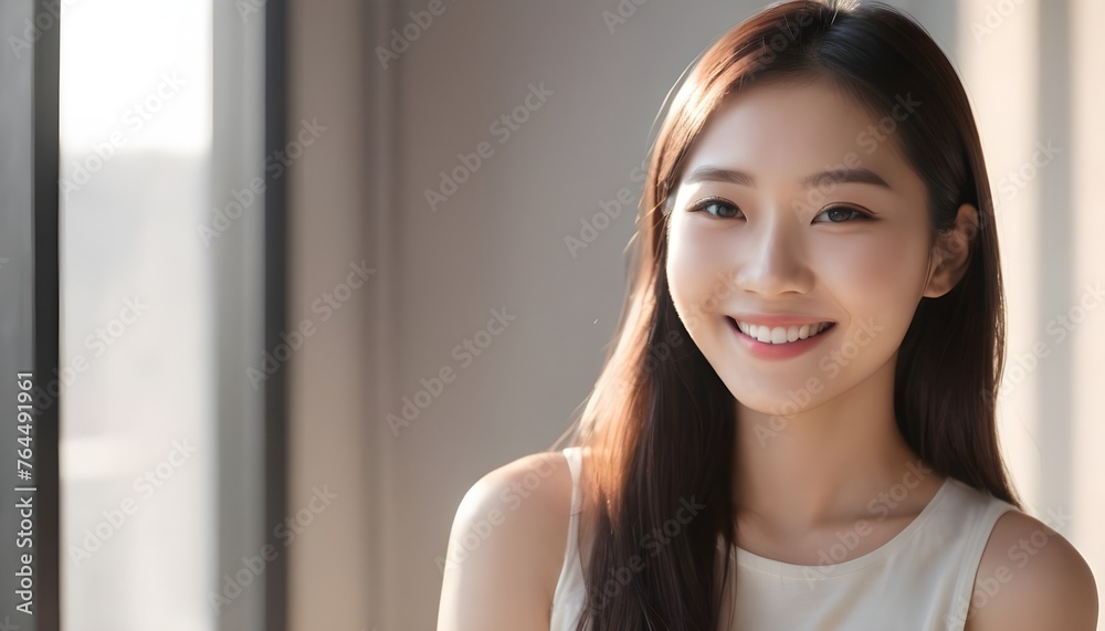 Portrait of a Cheerful Asian young woman, girl. close-up. smiling. Sunlight
