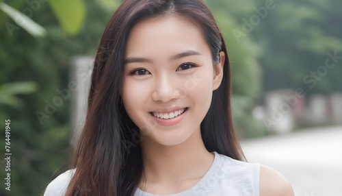 Portrait of a Cheerful Asian young woman, girl. close-up. smiling. Sunlight 