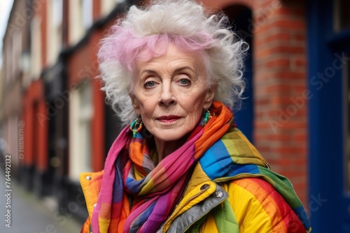 Portrait of senior woman with pink hair and colorful scarf in the city