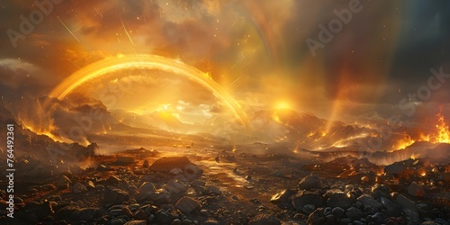 Destruction and Chaos: Cratered Landscape with Scattered Rainbows, Acid, and Sun Explosions. Concept Post-Apocalyptic, Explosive Scenery, Desolate Wasteland, Rainbow Fallout, Toxic Environment photo