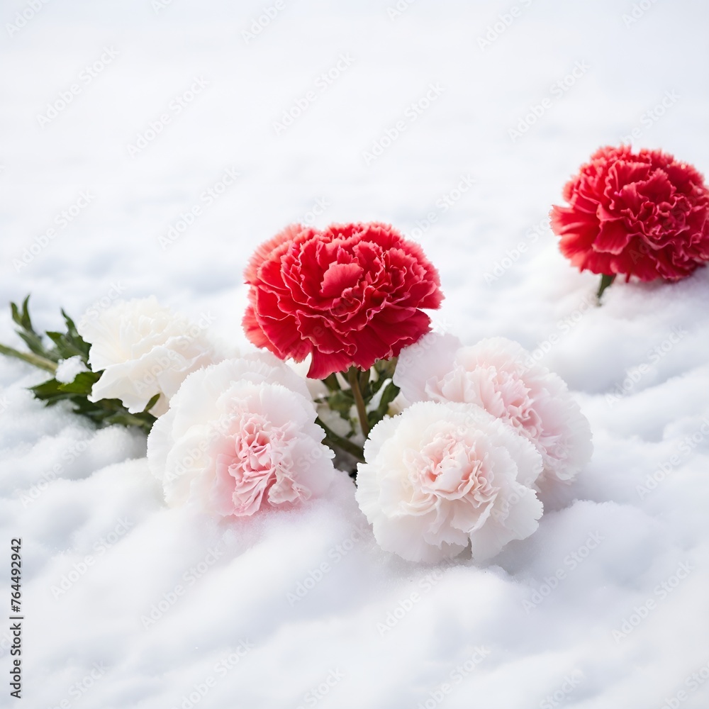 pink and white carnations in the snow