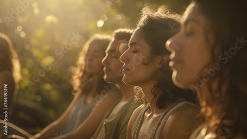 With soft sunlight filtering through the trees a group of individuals sit in meditation their eyes closed and their bodies still. They connect with the earth and their surroundings photo