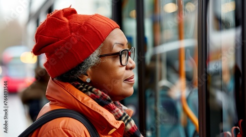  A woman in a jacket rides a bus