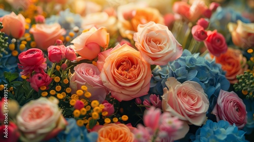  A colorful bouquet of various flowers, sharply focused against a softly blurred backdrop