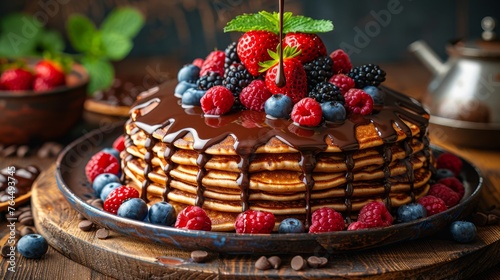  A towering stack of fluffy pancakes drenched in rich chocolate frosting and generously sprinkled with juicy raspberries and plump blue © Nadia