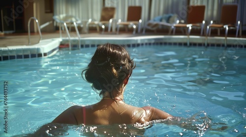 A young woman swims in the pool on a summer day against the background of sunbeds and a hotel. 