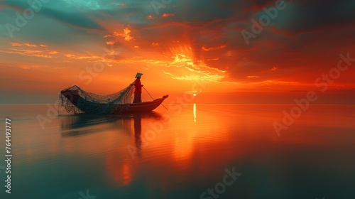  A boat bobbing atop a vast water expanse, framed by a red and azure sky, with the sun in the background