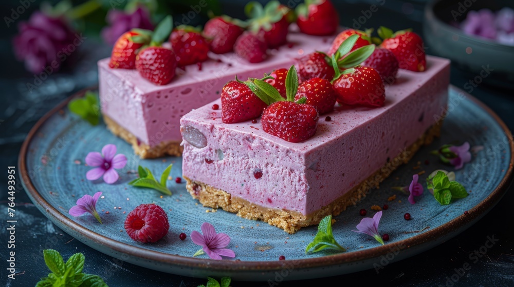  A blue plate, adorned with a slice of cake capped with pink frosting and garnished with fresh raspberries