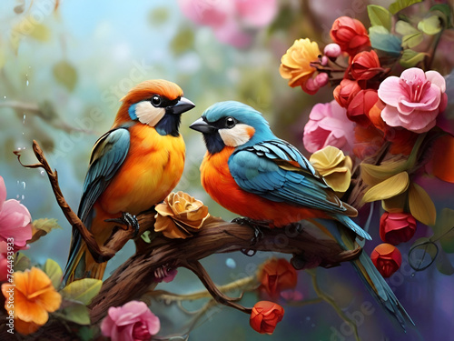 Birds on a branch discover the colorful avain harmony of nature photo