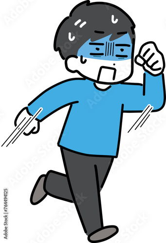 青ざめた顔で必死に走る私服の若い男性(全身)