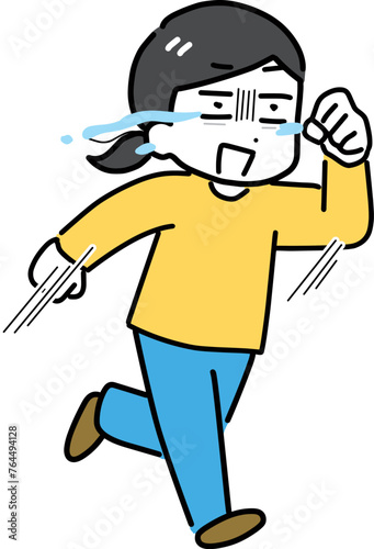 泣きながら必死に走る私服の若い女性(全身)