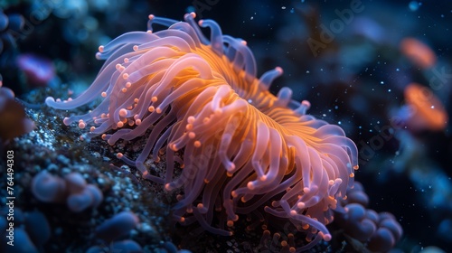  An image featuring a close-up of an orange and white sea anemone on a blue and purple sea anemone background © Nadia