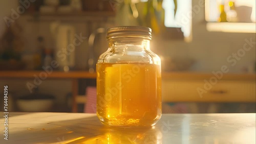 A glass jar filled with creamy golden ghee stands prominently on a kitchen counter. This clarified butter revered in Ayurveda for its healing properties symbolizes the fusion photo