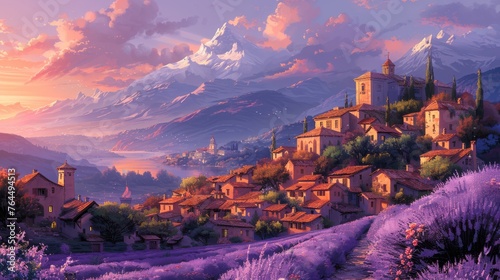  A village painting on a hilltop, lavender blooms in foreground, a mountain backdrop