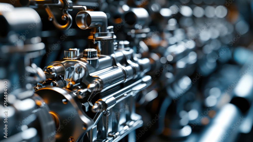 Close up view of a modern automobile engine showcasing intricate design and advanced technology used in production Close up view of a modern automobile engine showcasing intricate design and advanced technology used in production