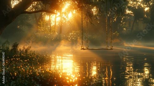  A swing dangling from a tree overlooking a water body, bathed in sunlight filtering through the foliage