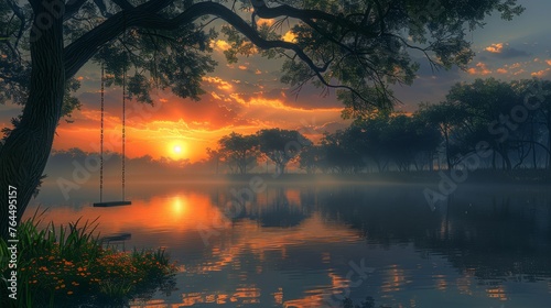  The sun sets behind a lake, swing, and tree in the foreground © Nadia
