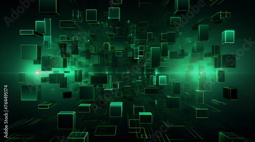 Abstract technological background with green 3D cubes and glowing lights. Virtual reality. Suitable for electronic music, album covers, screensavers, and illustrations related to technology themes