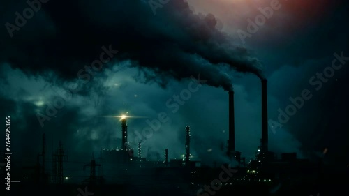 Power plant pollution chimney scene, animated virtual repeating seamless 4k	 photo