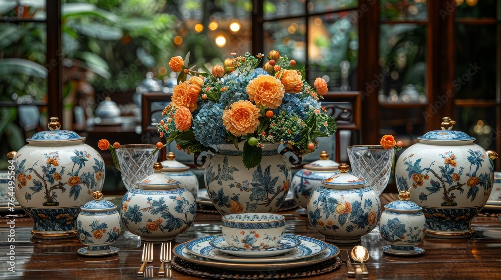  A vase filled with orange flowers sits atop a wooden table, alongside other vases and dishware